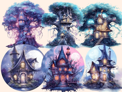 Moonlight Fairy Houses Watercolor Clipart fairy house clipart - Wonders Artist