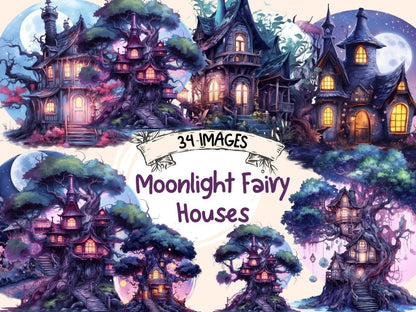 Moonlight Fairy Houses Watercolor Clipart fairy house clipart - Wonders Artist