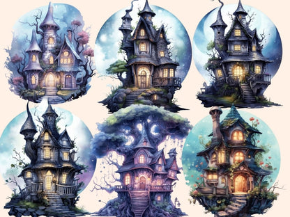 Moonlight Fairy Houses Watercolor Clipart fairy house clipart - Wonders Artist