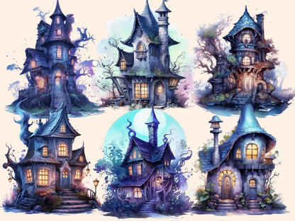 Moonlight Fairy Houses Watercolor Clipart fairy house clipart - Wonders Artist