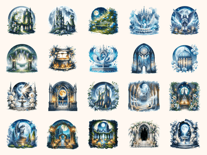 Moonlit Abbey Gardens Clipart All Bundles Clipart Line Art - WondersArtist