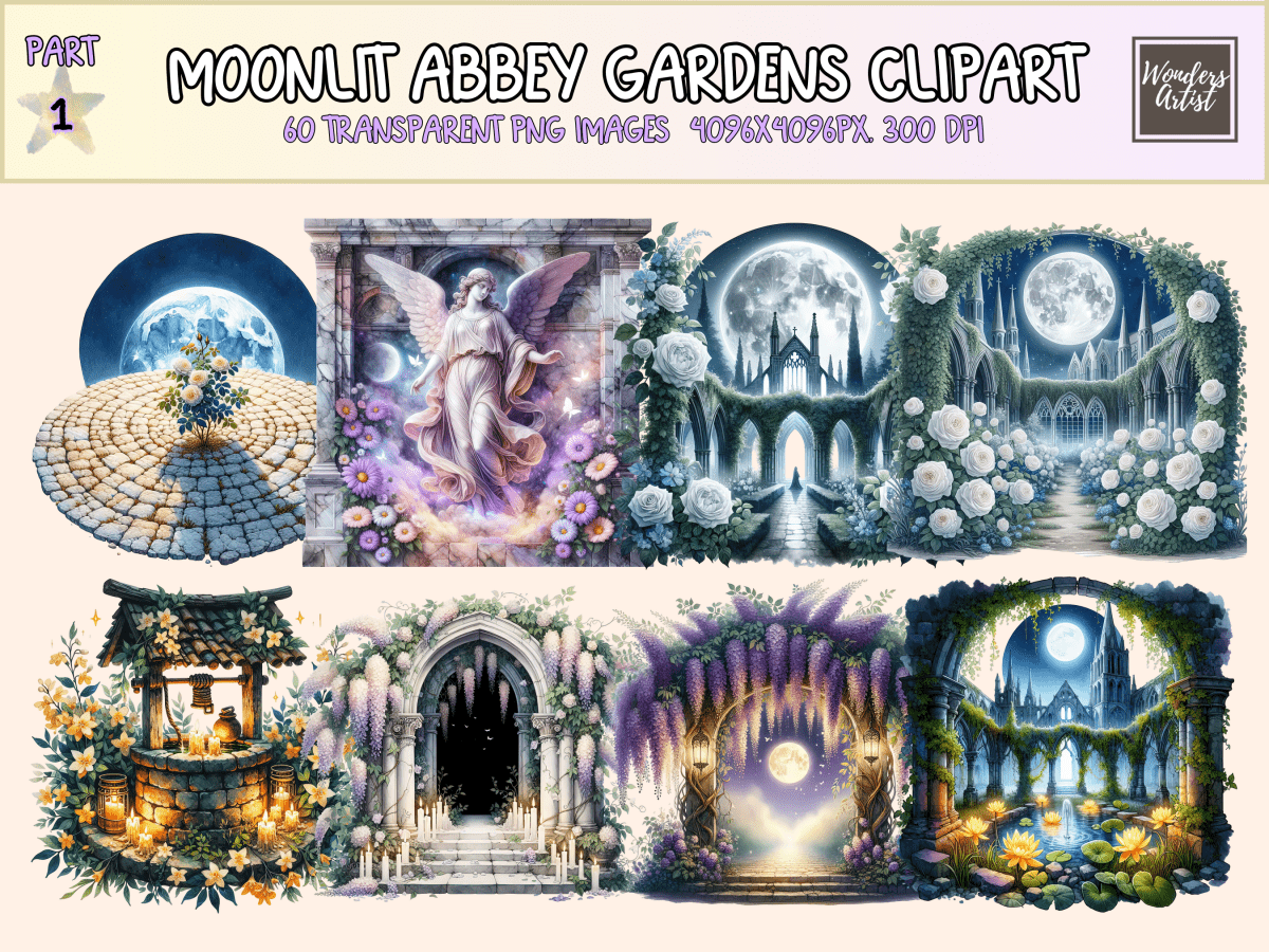 Moonlit Abbey Gardens Clipart All Bundles Clipart Line Art - WondersArtist