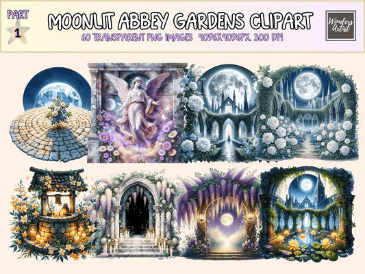 Moonlit Abbey Gardens Clipart All Bundles Clipart Line Art - WondersArtist