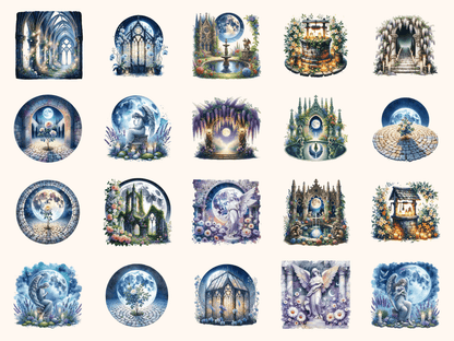 Moonlit Abbey Gardens Clipart All Bundles Clipart Line Art - WondersArtist