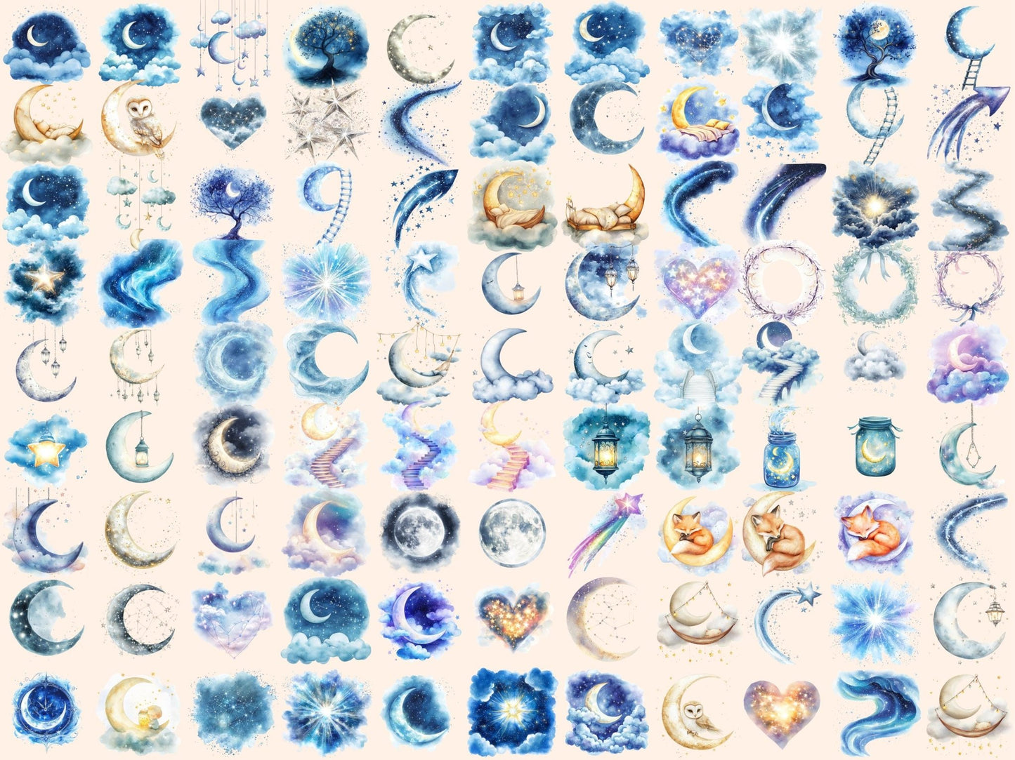 Moonlit Sky Watercolor Clipart - High - Quality Instant Digital Download for Creative Projects