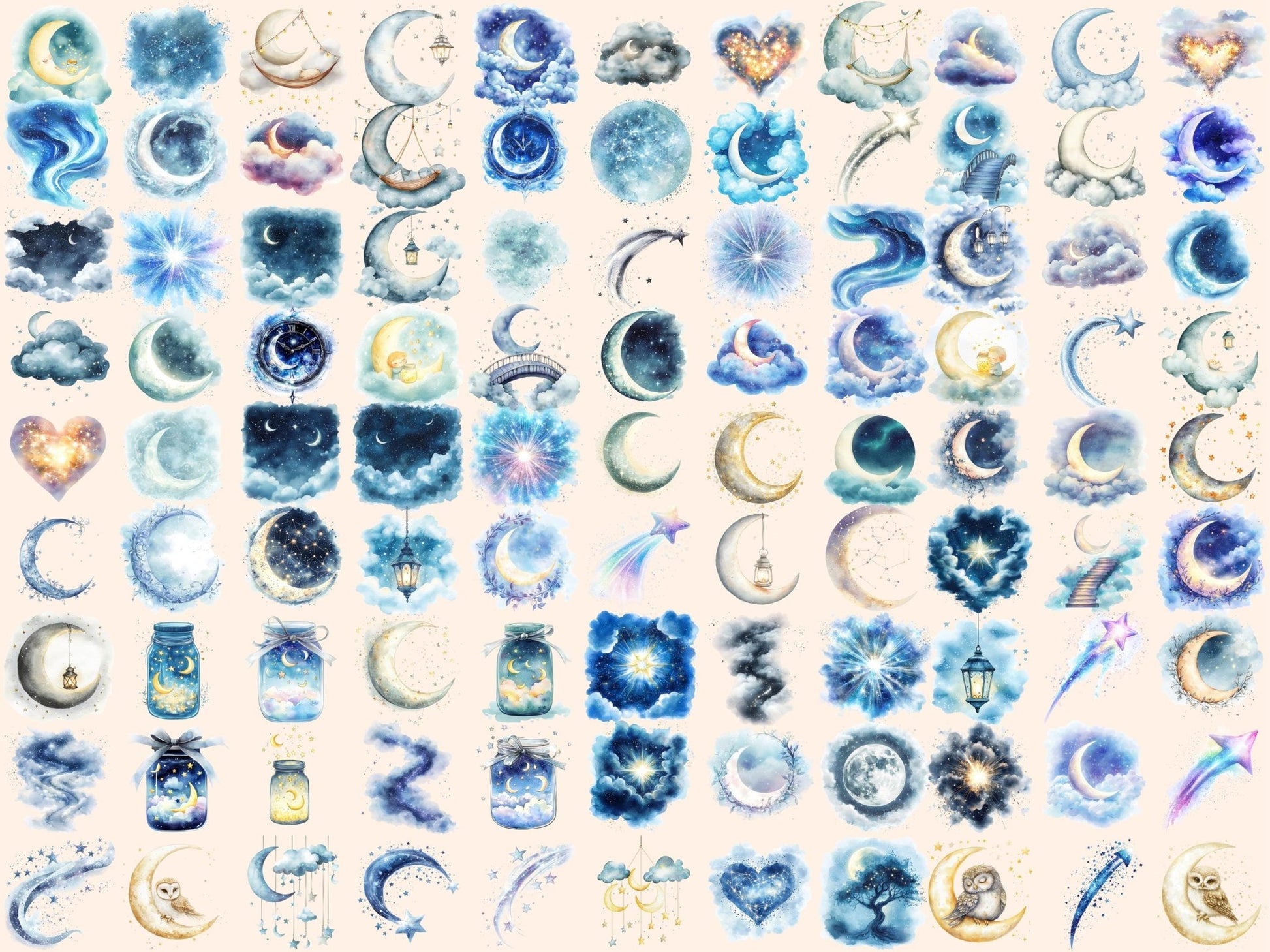 Moonlit Sky Watercolor Clipart - High - Quality Instant Digital Download for Creative Projects