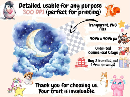 Moonlit Sky Watercolor Clipart Celestial Graphics - Wonders Artist