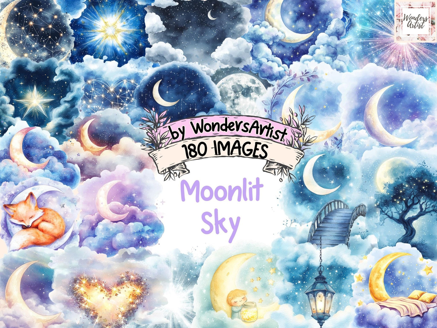 Moonlit Sky Watercolor Clipart - High - Quality Instant Digital Download for Creative Projects