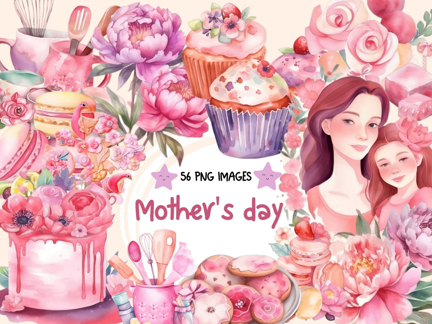 Mother's Day Watercolor Clipart - High - Quality Instant Digital Download for Creative Projects