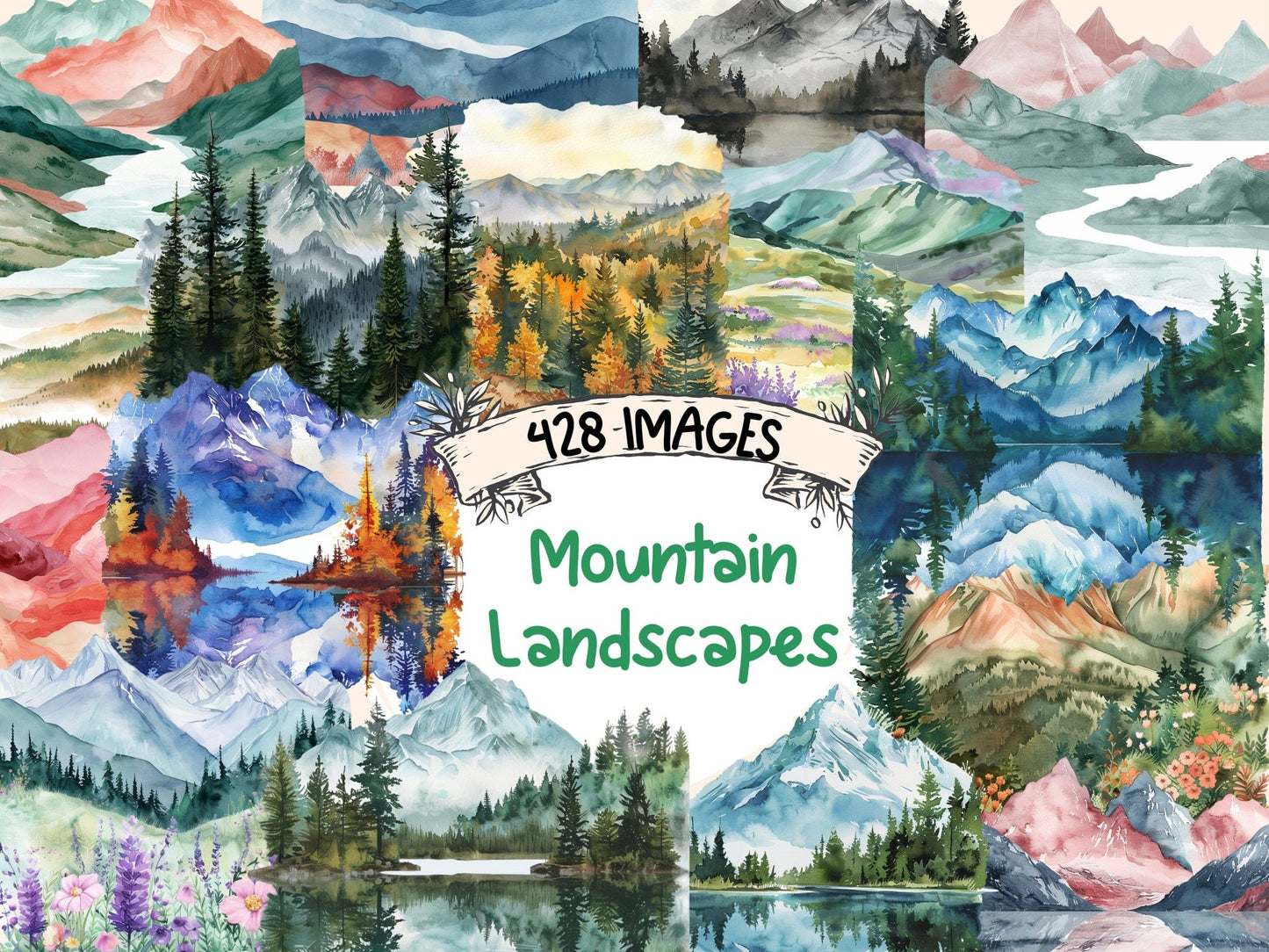 Mountain Landscapes Watercolor Clipart - High - Quality Instant Digital Download for Creative Projects