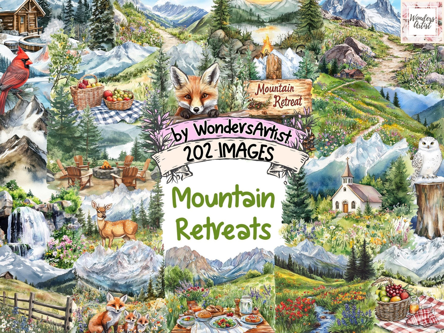 Mountain Retreats Watercolor Clipart Bundle - High - Quality Instant Digital Download for Creative Projects