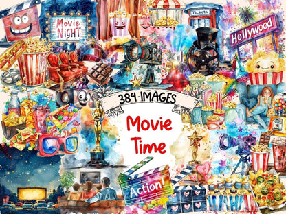 Movie Time Watercolor Clipart - High - Quality Instant Digital Download for Creative Projects
