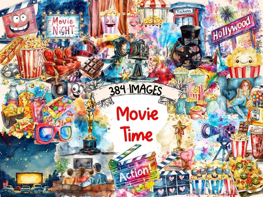 Movie Time Watercolor Clipart - High - Quality Instant Digital Download for Creative Projects