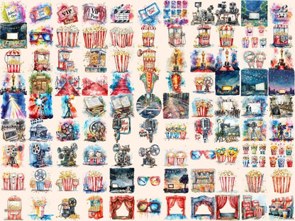 Movie Time Watercolor Clipart Cinema Graphics - Wonders Artist