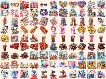 Movie Time Watercolor Clipart Cinema Graphics - Wonders Artist