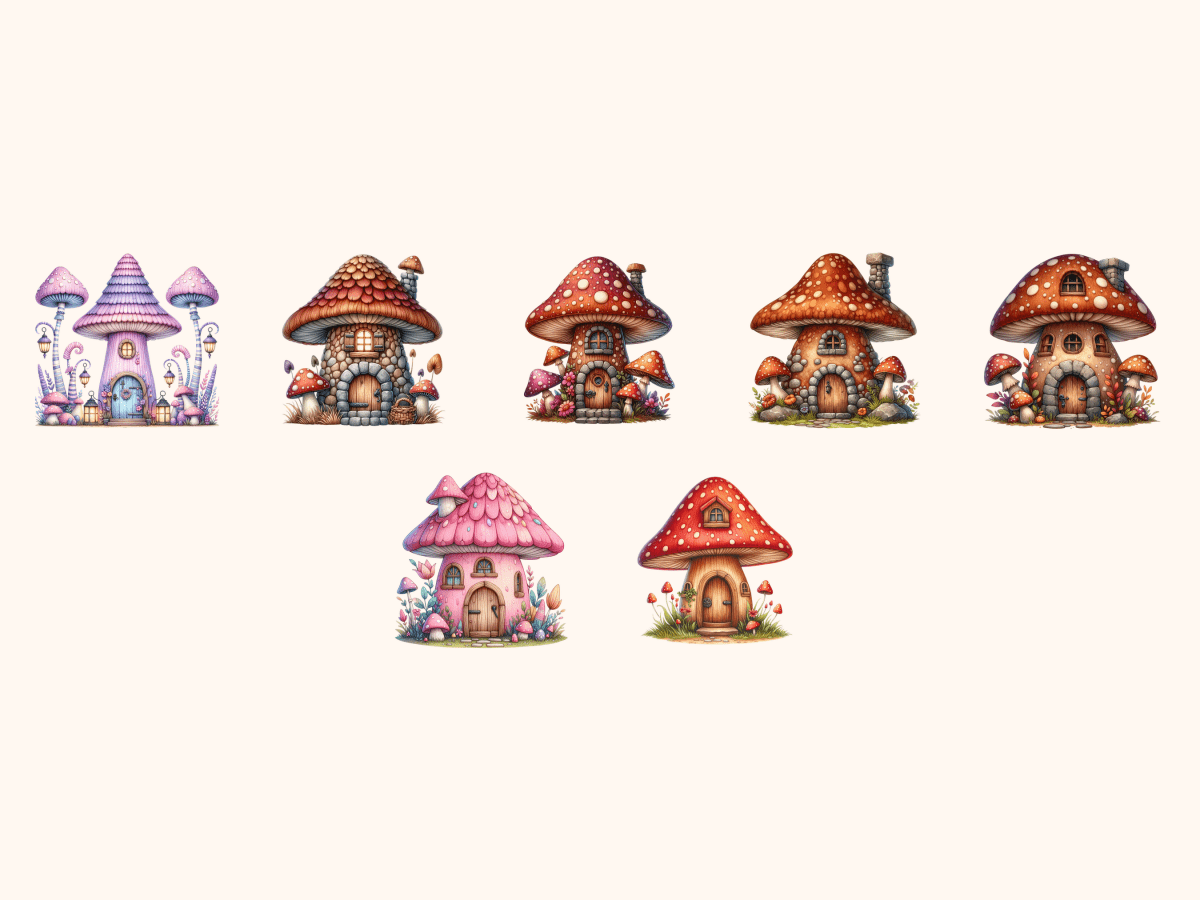 Mushroom Cottages Clipart All Bundles Clipart Line Art - WondersArtist