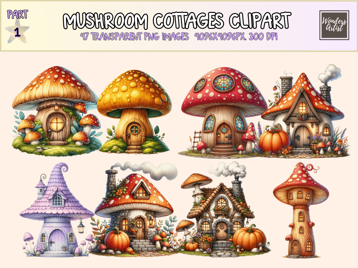Mushroom Cottages Clipart All Bundles Clipart Line Art - WondersArtist