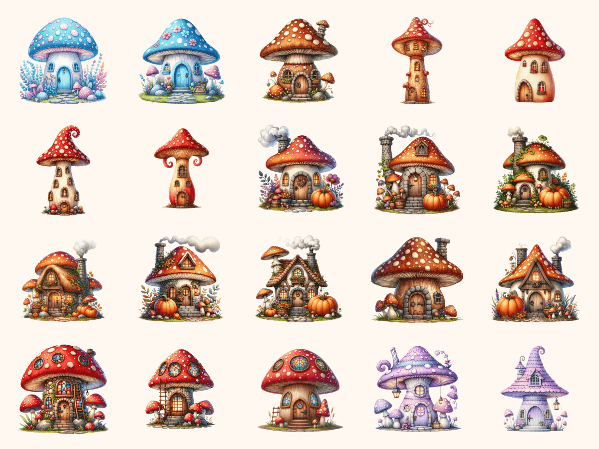Mushroom Cottages Clipart All Bundles Clipart Line Art - WondersArtist