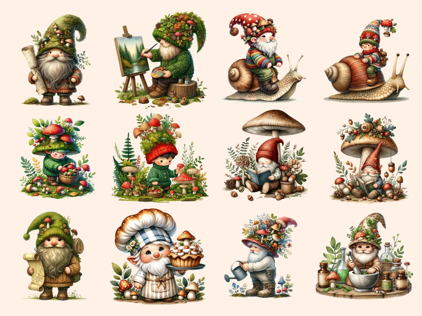 Mushroom Gnomes Clipart - High - Quality Instant Digital Download for Creative Projects