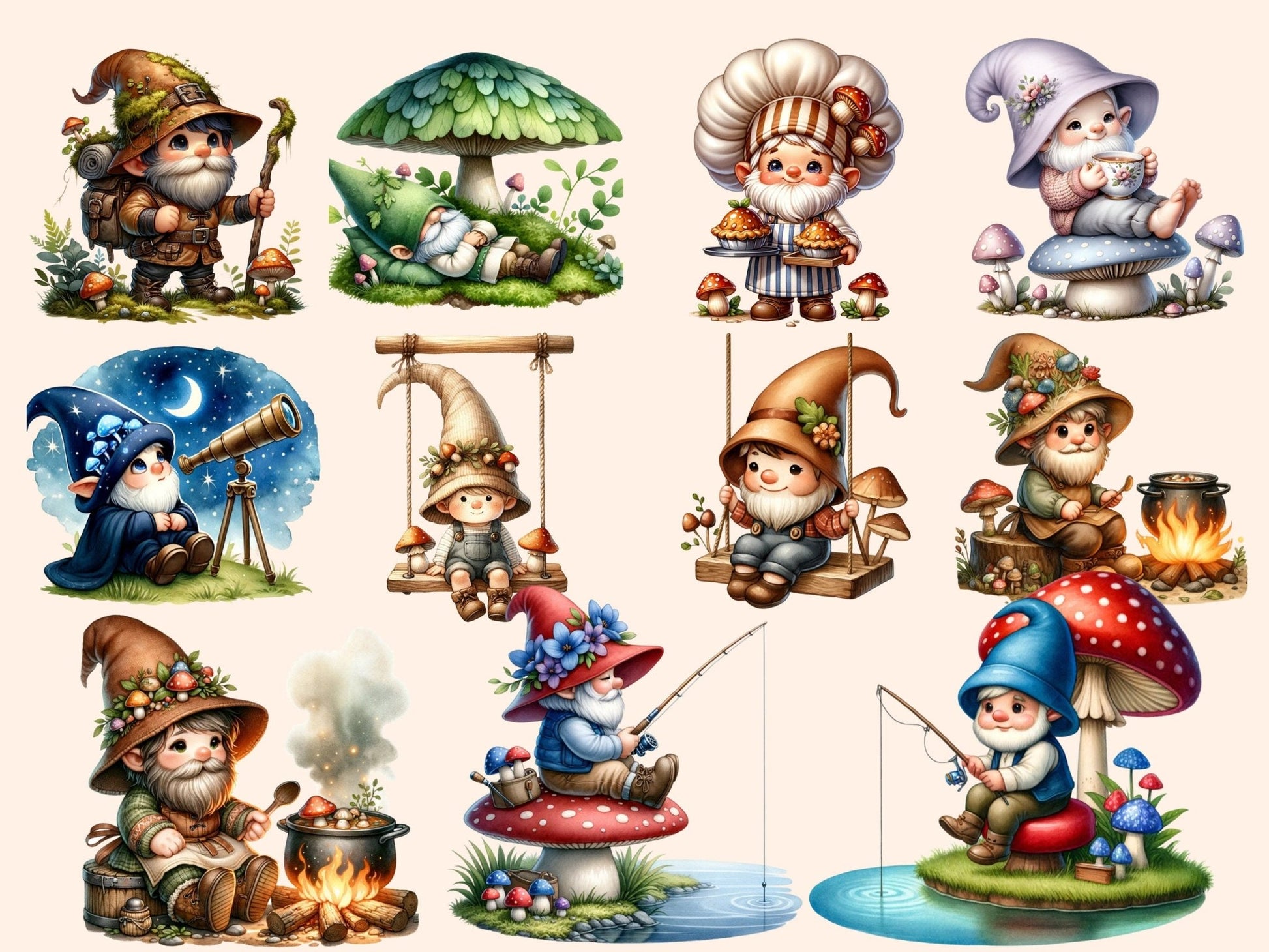 Mushroom Gnomes Clipart - High - Quality Instant Digital Download for Creative Projects