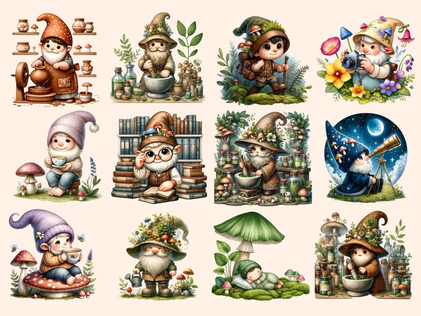 Mushroom Gnomes Clipart - High - Quality Instant Digital Download for Creative Projects