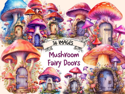 Mushrooms Fairy Doors Watercolor Clipart fairy door clipart - Wonders Artist