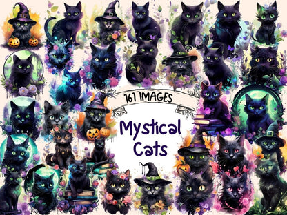 Mystical Cats Watercolor Clipart black cat clipart - Wonders Artist