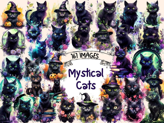 Mystical Cats Watercolor Clipart black cat clipart - Wonders Artist