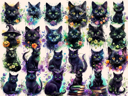 Mystical Cats Watercolor Clipart black cat clipart - Wonders Artist