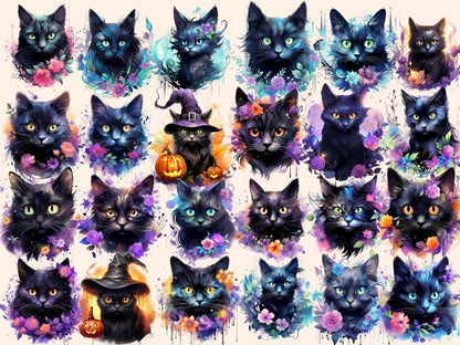 Mystical Cats Watercolor Clipart black cat clipart - Wonders Artist