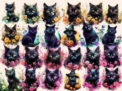 Mystical Cats Watercolor Clipart black cat clipart - Wonders Artist