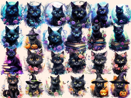 Mystical Cats Watercolor Clipart black cat clipart - Wonders Artist