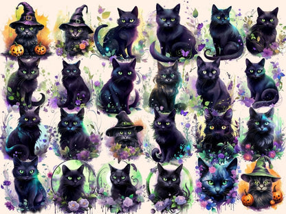 Mystical Cats Watercolor Clipart black cat clipart - Wonders Artist