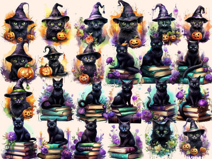 Mystical Cats Watercolor Clipart black cat clipart - Wonders Artist