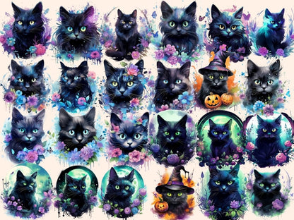 Mystical Cats Watercolor Clipart black cat clipart - Wonders Artist