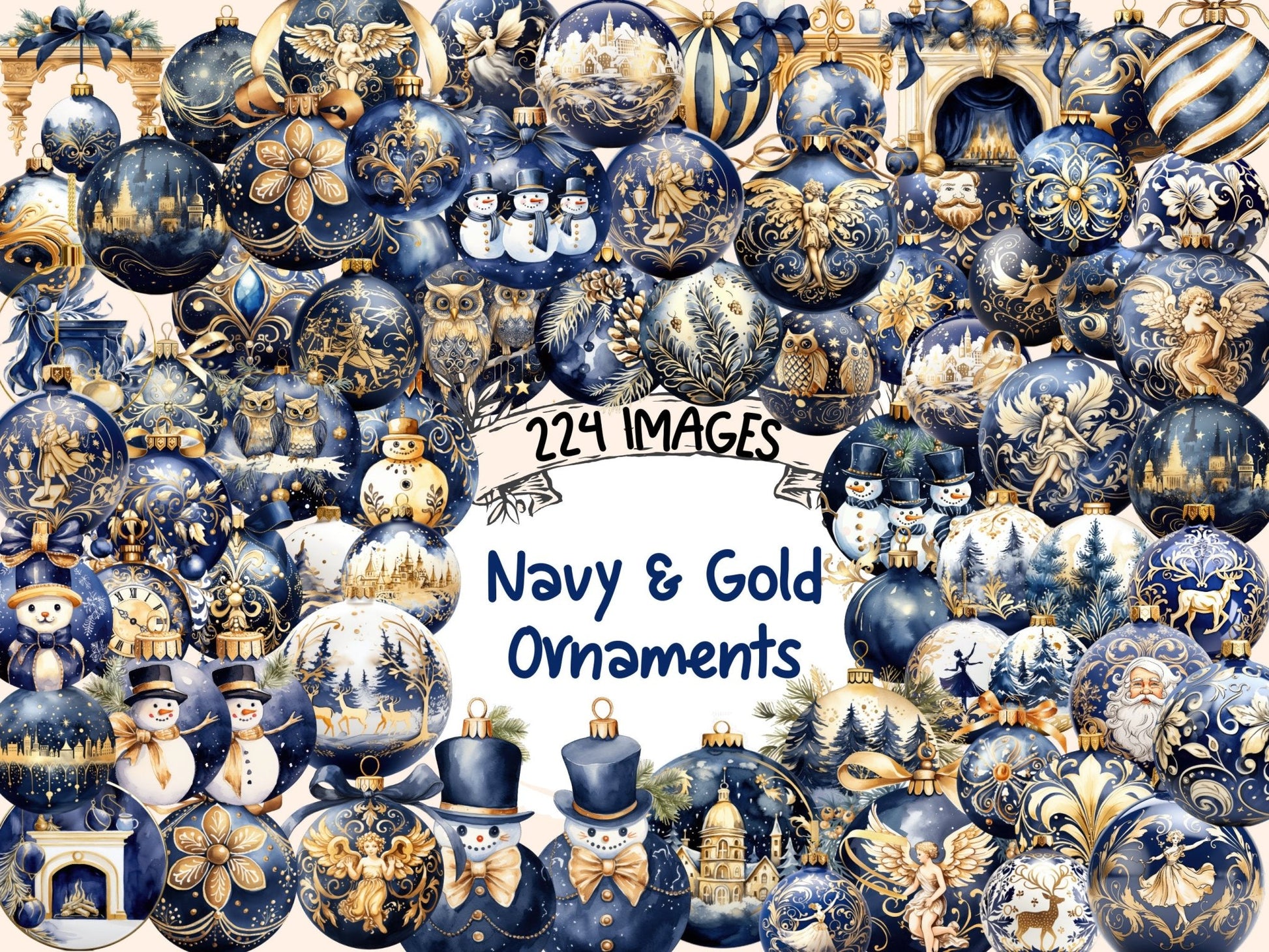 Navy Blue & Gold Christmas Ornaments Watercolor Clipart - High - Quality Instant Digital Download for Creative Projects