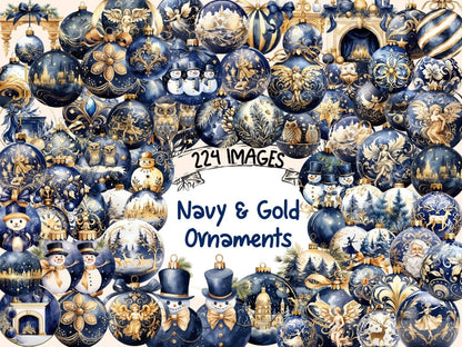 Navy Blue & Gold Christmas Ornaments Watercolor Clipart blue christmas png - Wonders Artist