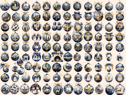 Navy Blue & Gold Christmas Ornaments Watercolor Clipart blue christmas png - Wonders Artist
