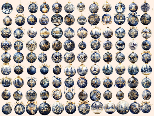 Navy Blue & Gold Christmas Ornaments Watercolor Clipart