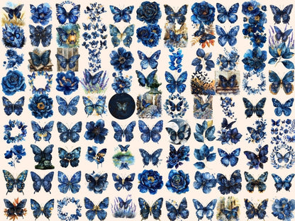 Navy Butterflies Watercolor Clipart blue butterflies png - Wonders Artist