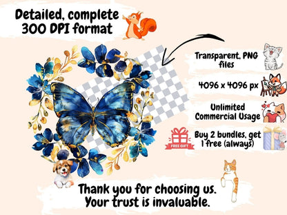 Navy Butterflies Watercolor Clipart blue butterflies png - Wonders Artist