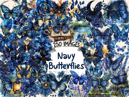 Navy Butterflies Watercolor Clipart blue butterflies png - Wonders Artist