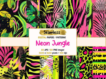 Neon Jungle Seamless Digital Paper Electric Foliage Art - Wonders Artist