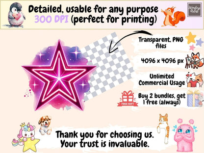 Neon Stars Clipart bright star art colorful stars png cosmic stars png - WondersArtist