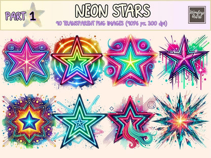 Neon Stars Clipart bright star art colorful stars png cosmic stars png - WondersArtist