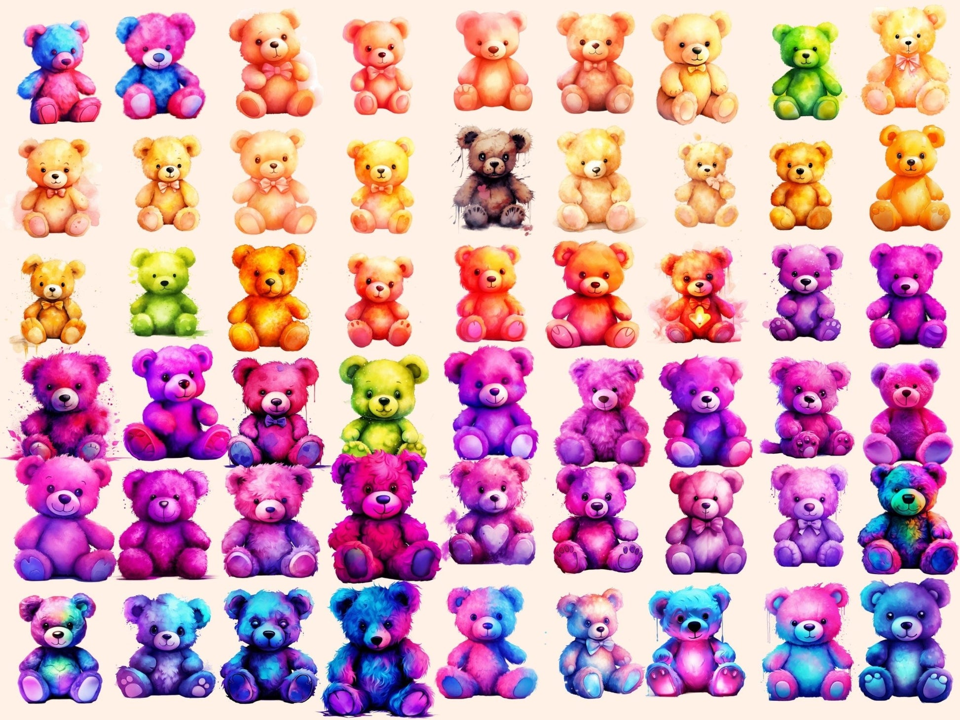 Neon Teddies Watercolor Clipart - High - Quality Instant Digital Download for Creative Projects