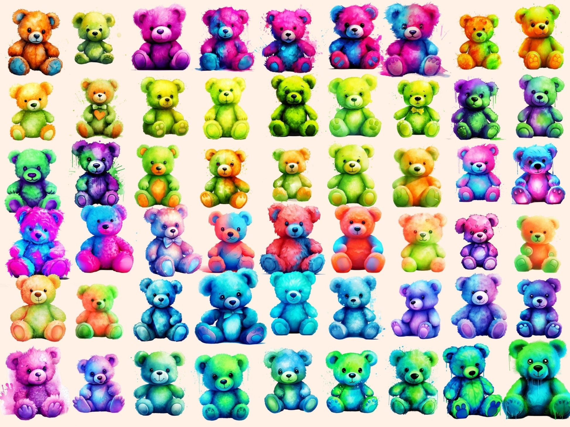 Neon Teddies Watercolor Clipart - High - Quality Instant Digital Download for Creative Projects