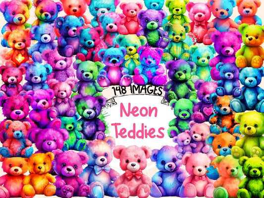 Neon Teddies Watercolor Clipart - High - Quality Instant Digital Download for Creative Projects