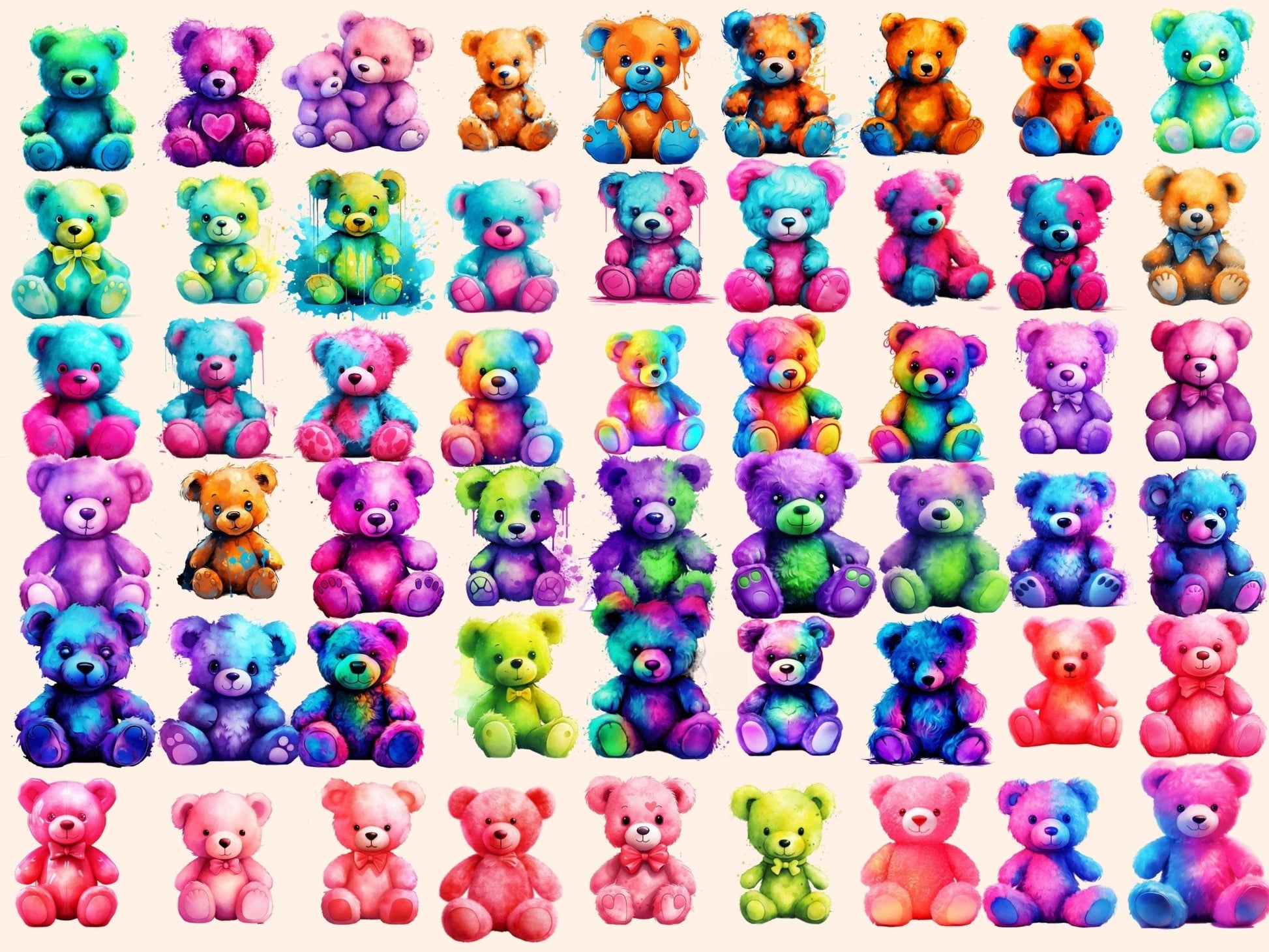 Neon Teddies Watercolor Clipart - High - Quality Instant Digital Download for Creative Projects