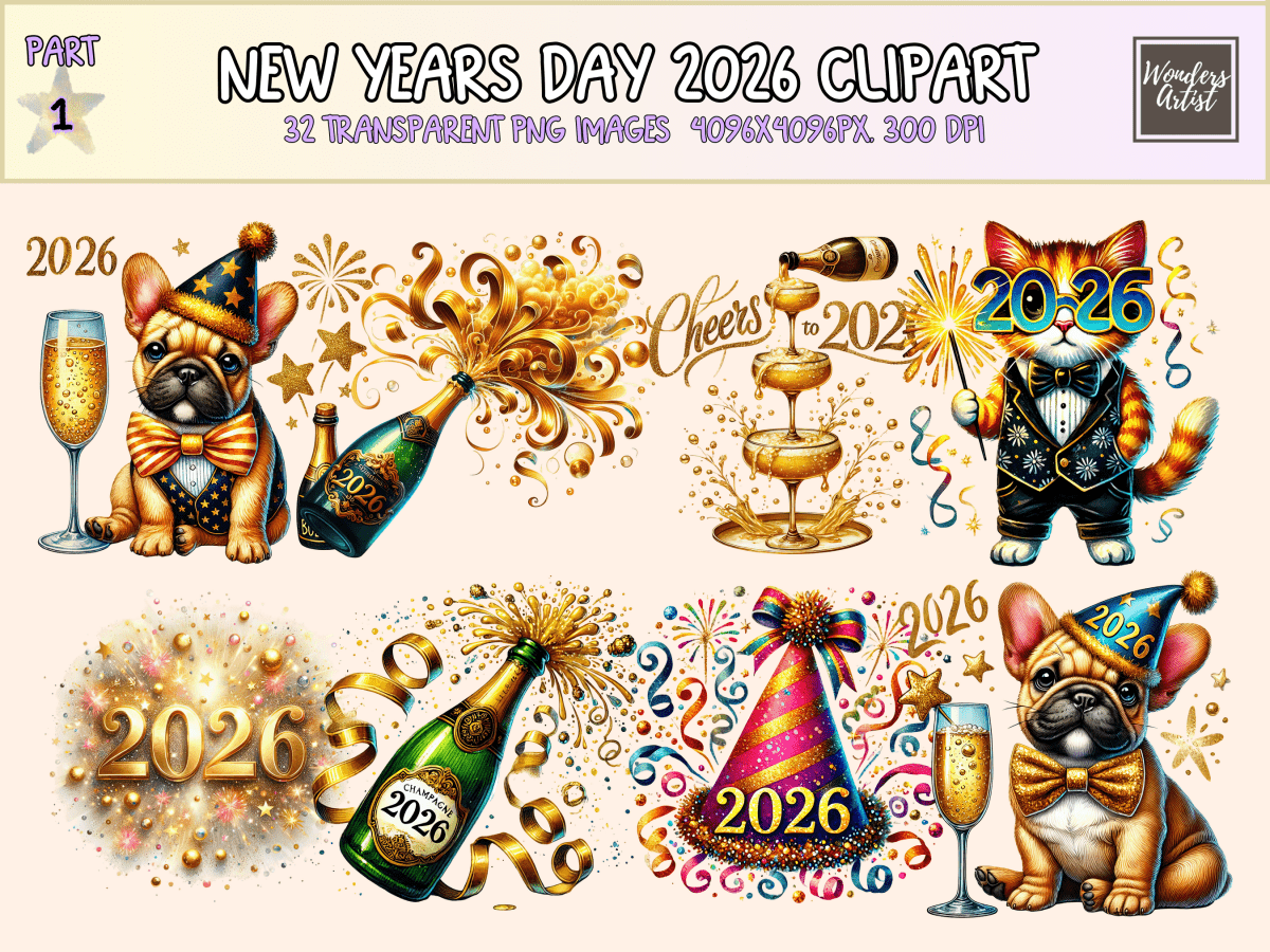 New Years Day 2026 Clipart All Bundles Clipart Line Art - WondersArtist